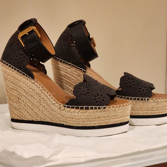Excellent  EU39 Chloe Wedges Platform Sandal Dk Brown Espadrille Embroidered - Picture 2 of 12
